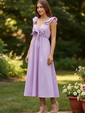 DREW Lavender Ruffle-Shoulder Midi Dress